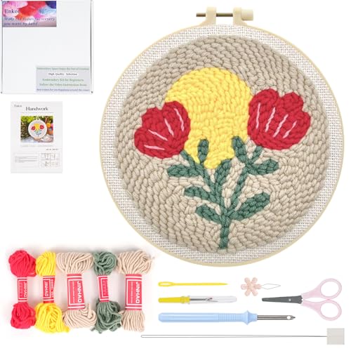Image of Enkor Punch Needle Kit Adults Beginner,Needle Punch Embroidery Kits Beginners Kids Include Instructions Video, Fabric,Hoop,Yarns,Threader-Flowers Love F1