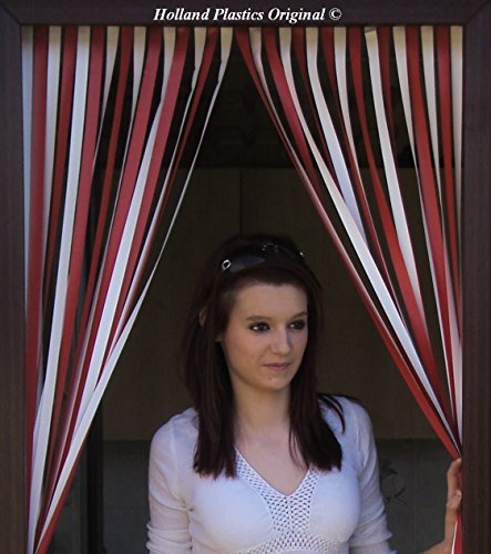 Holland Plastics Original Brand Rideau de Porte Type lamelle résistants aux bestioles et aux Mouches- Rouge ET Blanc - avec des Crochets Auto-adhésifs pour Cadres de PVC Plastique