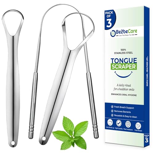 Tongue Scrubber 3PCS Stainless Steel Tongue Cleaner & Metal Tongue Scraper for Adults