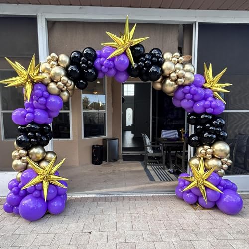 Image of Purple and Gold Balloons, 12 Inch Black Purple and Gold Confetti Balloons for Graduation Prom Halloween Baby Shower Wednesday Retirement Birthday Party Decorations