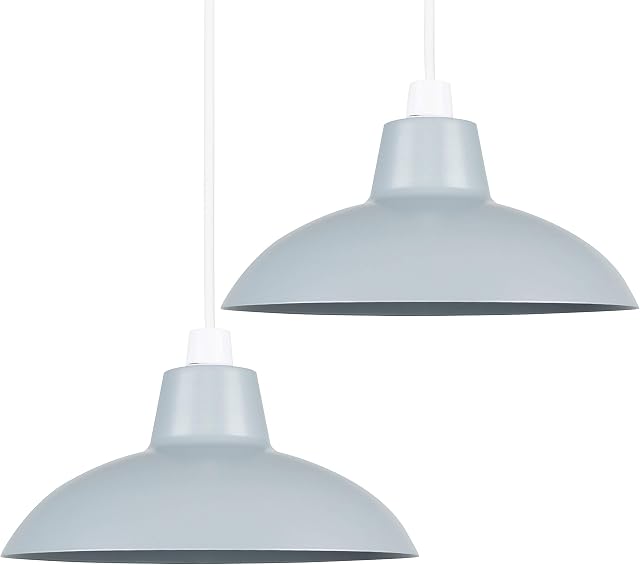 MiniSun Pair of Retro Style Gloss Grey Metal Easy Fit Ceiling Pendant Light Shades - Complete with 10w LED GLS Bulbs [3000K Warm White]