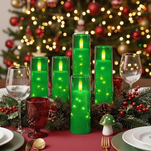 Image of Raycare St. Patrick's Day Flameless Candle with Remote Timer - 5 Flickering Acrylic Battery Operated LED Pillar Candles with Embedded Star String for Christmas, Home Decor, and as a Gift(Green)