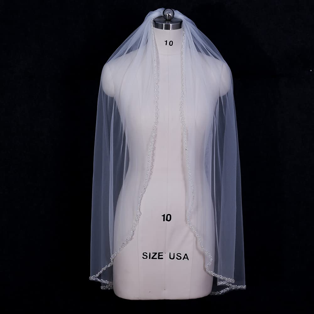 Ślub Ręcznie robione perły welon slubny z kryształkami krawędzi welony ślubne ślubne kryształowe zroszony welony ślubne dla panny młodej (Color : Ivory, Size : 300cm)