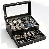 Custodia per orologi in pelle PU, Scatola portagioie 2 livelli premium con coperchio in vetro, Organizzatore gioielli per 6 orologi e occhiali da sole, Astuccio portagioie per anelli e bracciali