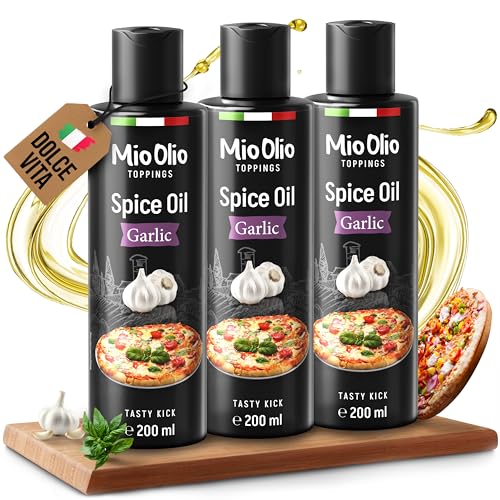 MioOlio Aceite de ajo 3 x 200 ml – Aceite aromatizado con intenso aroma a ajo – Ideal para cocinar, asar, asar y refinar – Práctico dosificador – para pasta, pizza, carne, verduras y ensalada