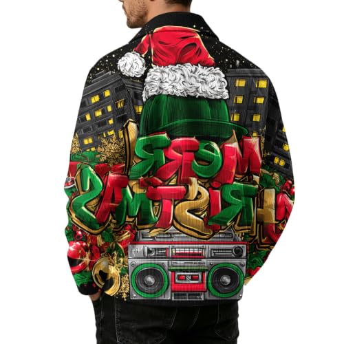 Corduroy Jacket Men Christmas Print Streetwear Turn Down Collar Retro Coat - image 6