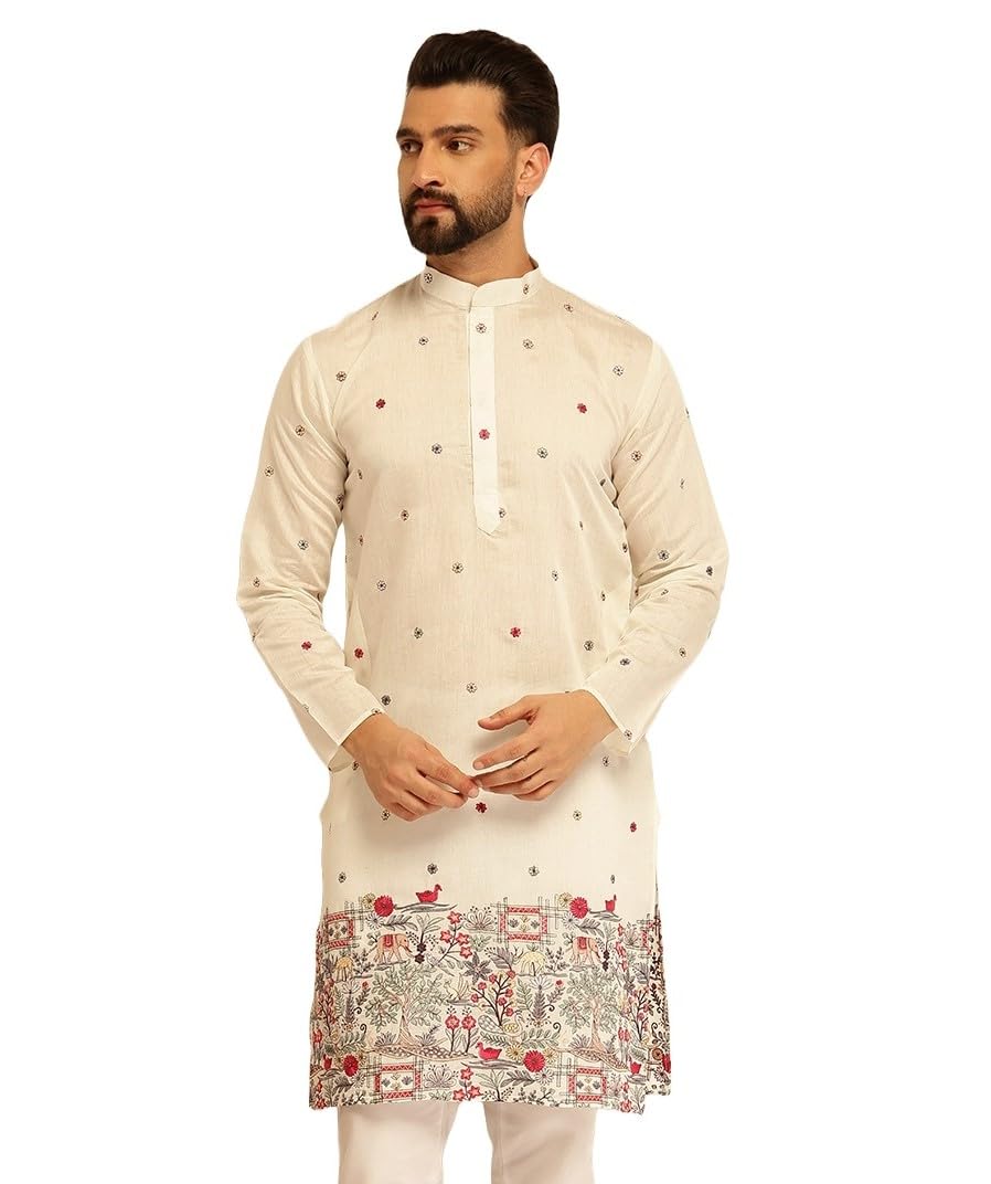 Sojanya (Since 1958 Men's Cotton Silk Daman Embroidered White Long Kurta