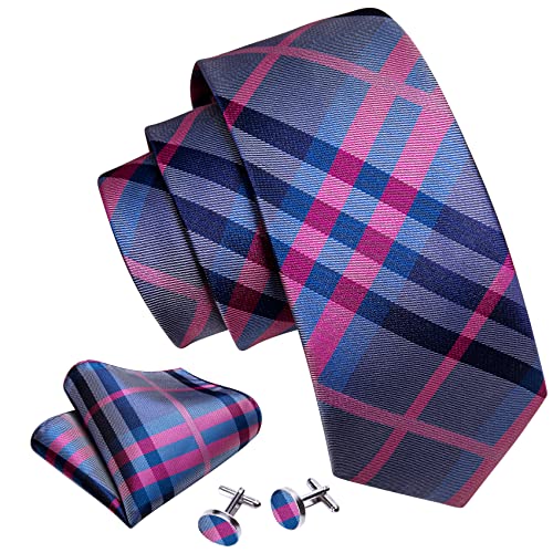 Image of Barry.Wang Plaid Ties Check Mens Necktie Set with Handkerchief Cufflinks Classic Stripe