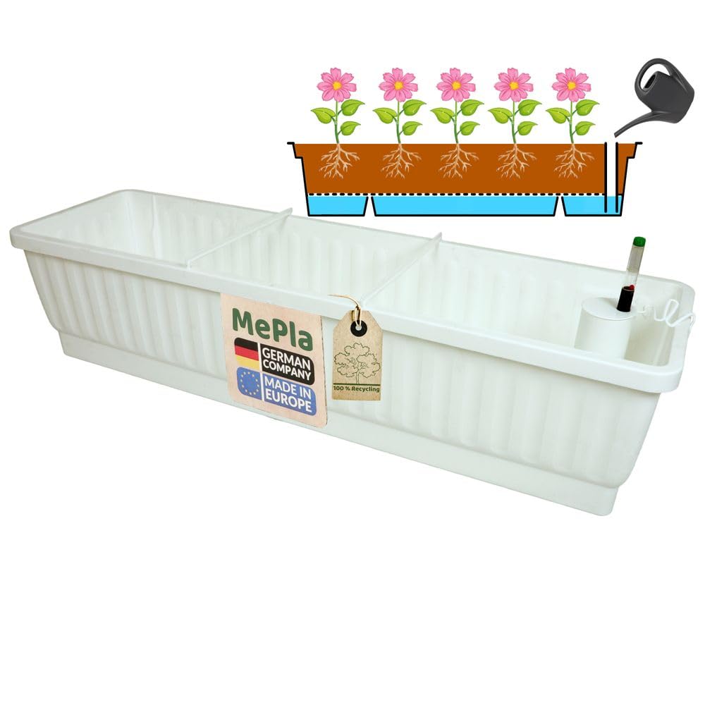 MePla Jardinière de balcon XXL Venezia 80 cm blanche avec réservoir d'eau avec indicateur de niveau d'eau - Fabriqué en Allemagne - Durable, auto-arrosage et directement plantable
