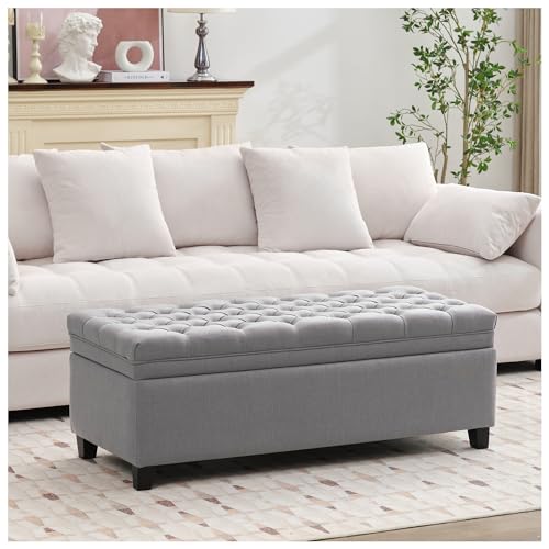 Image of 51 inch Storage Ottoman for Bedroom & Living Room, End of Bed Bench with Black Wooden Legs, Linen Upholstered Tufted Ottoman, Entryway Storage Bench, Light Grey