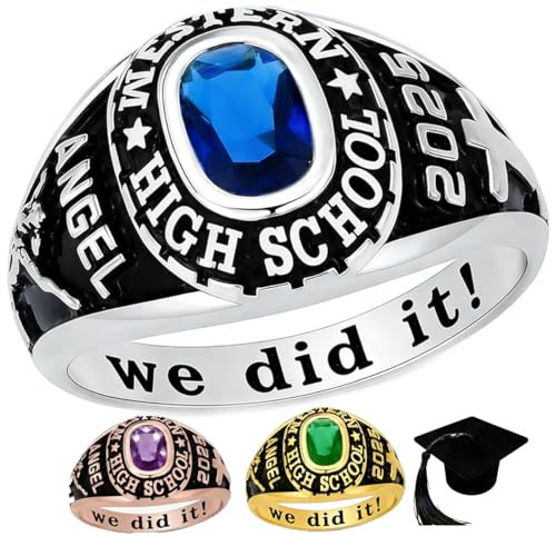 Ccjcinata Custom Class Rings - Fully Personalized Graduation Rings for Women in 10KT Gold or 925 Sterling Silver, Size 5-15