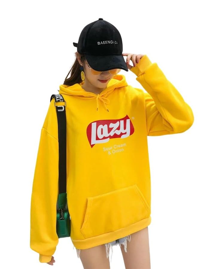 sxv style Lazy Bright Yellow Hoodie Sweatshirt with Front Pocket, Casual Streetwear Pullover, Sour Cream & Onion Graphic Print-picture-21