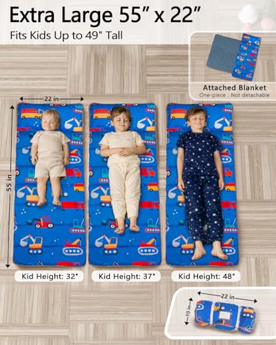 Image of Primlect Thickened Toddler Nap Mat with Removable Pillow and Minky Blanket, Extra Large 55''x35'' Sleeping Bag, Washable, Roll up, Perfect for Daycare, Preschool, Kindergarten, Boys and Girls Blue Car