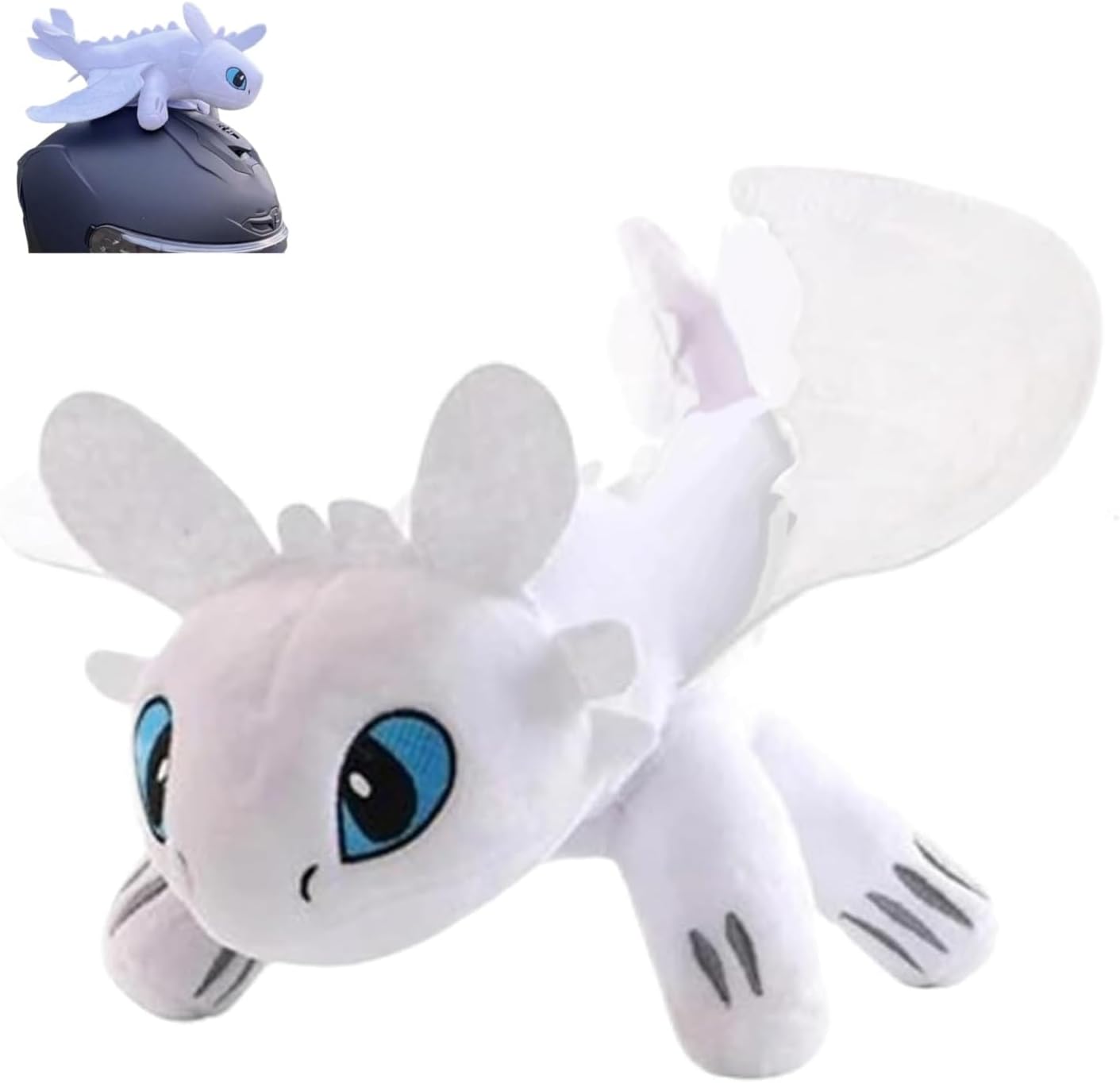 Toothless Dragon Car Accessory, Little Dragon Doll,Black and White Double Evil Spirit Doll with Suction Cup, Helmet, car, Motorcycle roof sunroof Decoration (White-Snap - 7.8 INCH)