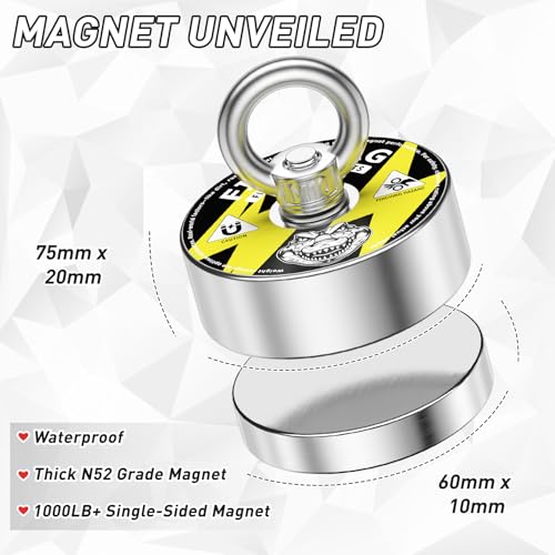 FINDMAG Kit de Pesca Magnética, Ímã N52 Forte de 1000 Libras para Pesca, Diâmetro de 2,95