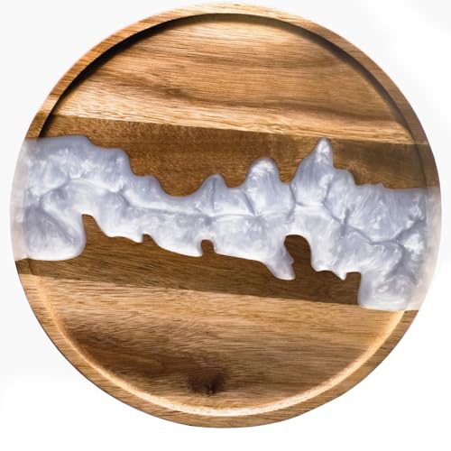 Comfify Visually Stunning Pearl White Resin + Acacia Wood Serving Tray - Modern Round 12' Serving Tray for Food, Breakfast in Bed, Coffee Table, Decor, Organization, Snacks, Patio, Lap Tray