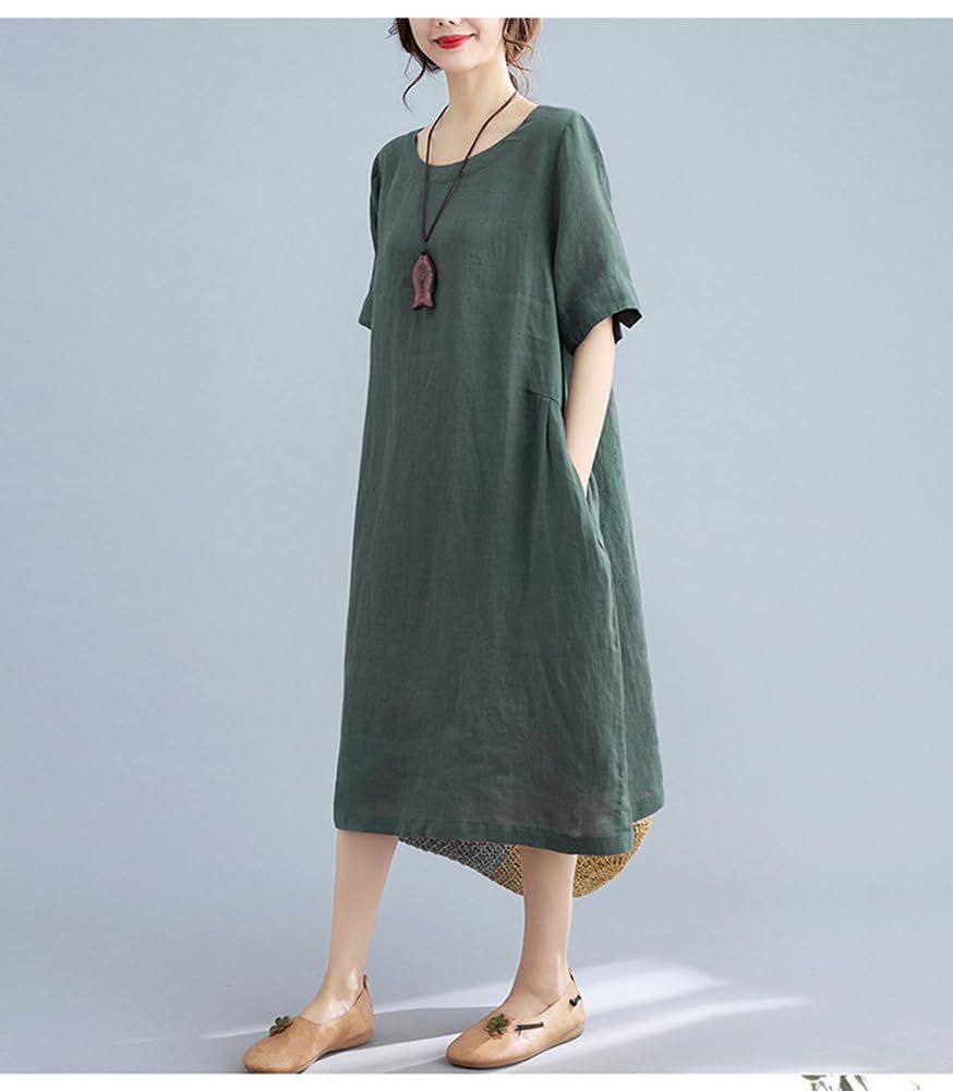 Giapponese Semplice Cotone Lino Donne Vestito Girocollo Allentato A-Line Orlo Gonna per Regalo Mamma