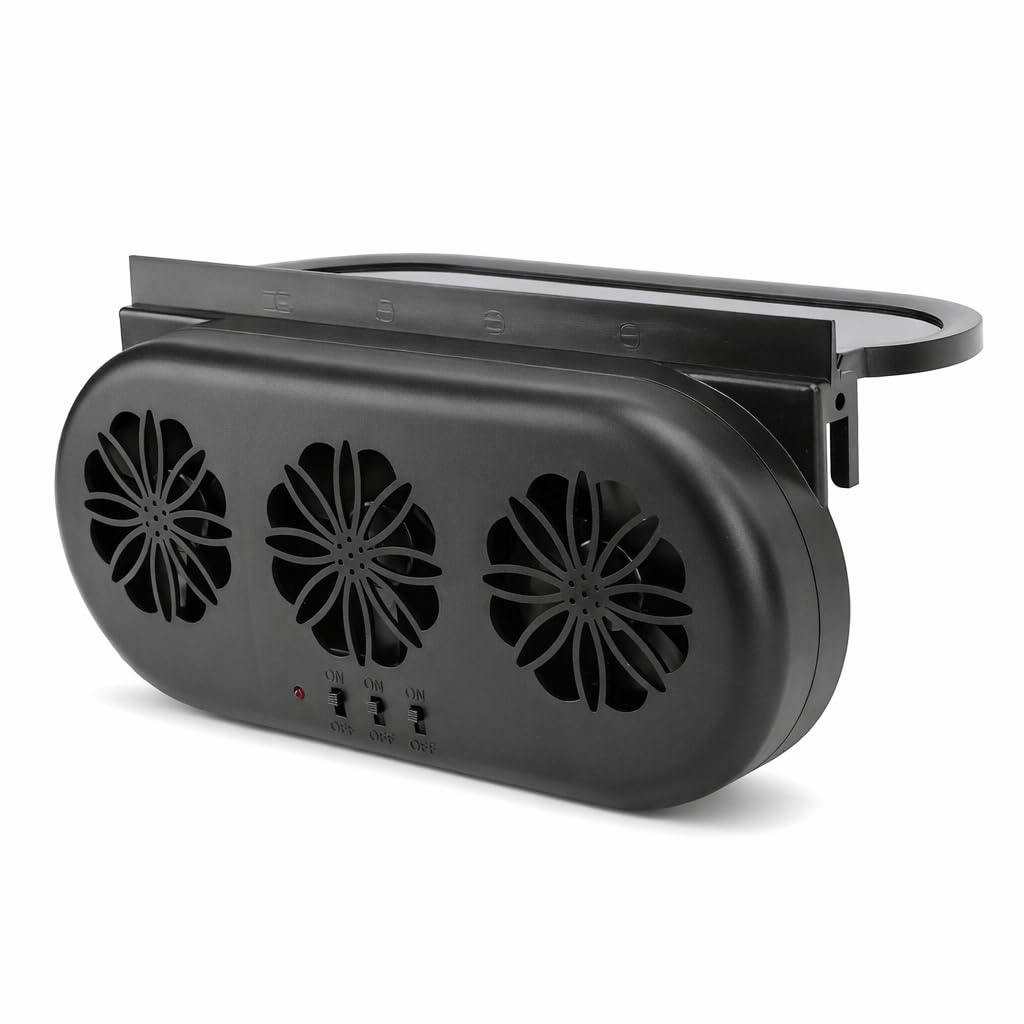 Solar Powered Car Ventilator, Car Exhaust Fan, 5000RPM Vehicle Window Fan, Solar Power Car Auto Air Vent Cool Fan with 3 Air Outlet, USB Interface, Car Ventilation System