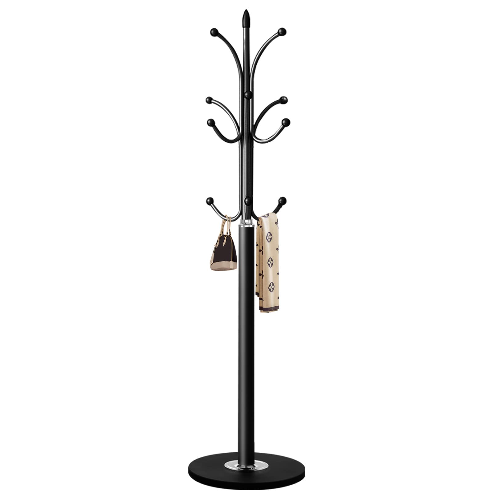 Photo 1 of Tenkovic Freestanding Metal Coat Rack Stand, Quartz Base Hall Tree with 12 Hooks, Coat Hanger for Entryway, Hallway (Black)