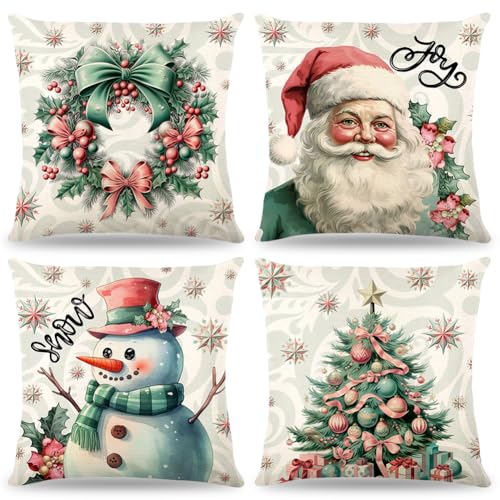 4 Piezas Fundas De Almohadas Navideñas 40x40,Funda De Cojines Navideño,Funda Almohada De Lino De Navidad,Fundas Cojines Decorativos Para Sofa,Fundas Para Cojines De Sofa,Para Dormitorio Sofá (Verde)