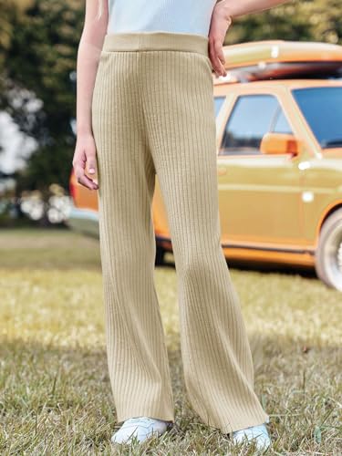 Image of Haloumoning Girls Solid Rib Knit Wide Leg Pants Elastic Waist Flowy Casual Sweater Pants 5-14 Years