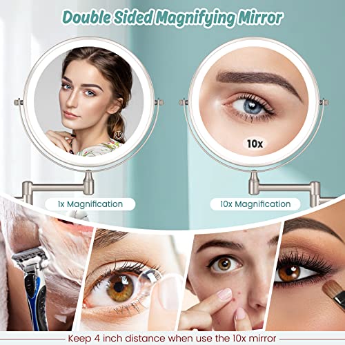 8" Wall Mounted Makeup Mirror,1X/10X Magnification Double-Sided 360° Swivel Vanity Mirror 3 Color Lights Touch Screen Dimming Extendable Shaving Bathroom Wall Cosmetic Mirror For Men And Women-Nickel #TOP3
