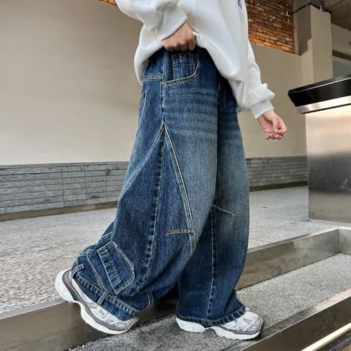 Boys Vintage Cargo Jeans Teens Casual Loose Hip Hop Y2K Denim Work Pants with Pockets Children Fashion Wide Leg Trousers4