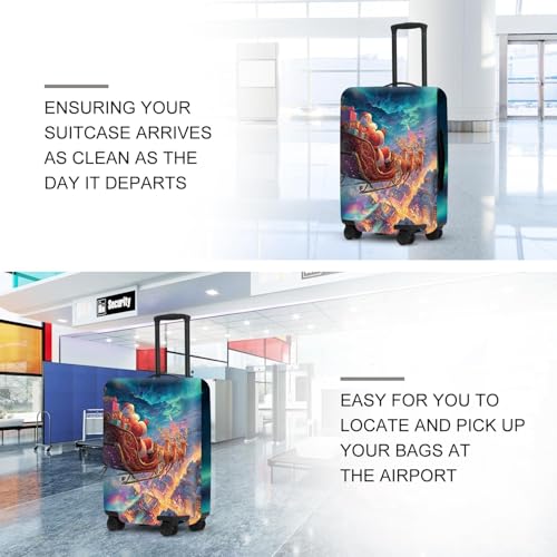 Image of Northern Lights Luggage Cover - Santa's Sleigh Flying Over City Under Aurora, Magical Stretchable Suitcase Protector 24 26 Inch