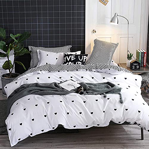 Image of Omelas Kids Heart Love Twin Duvet Cover Set Black and White Teens Girls Lovely Heart-Shaped Pattern Striped Reversible Bedding Soft Breathable Quality Brushed Microfiber (3 Pcs,XD,T)
