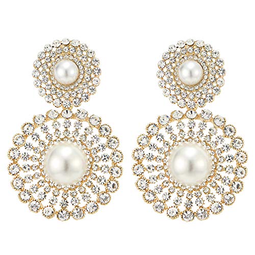 Wedding Rhinestone Synthetic Pearl Cluster Large Circle Flowers Long Drop Statement Earrings Elegant