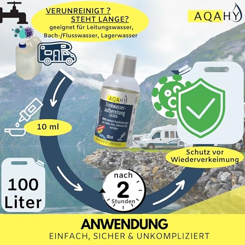 AQAHY Trinkwasseraufbereitung Silver ohne Chlor - (100 ml) für 1000 l Wasser - Inaktiviert Keime, Viren und Bakterien - Silberionen für sicheres Trinkwasser | Camping, Wohnmobil, Outdoo
