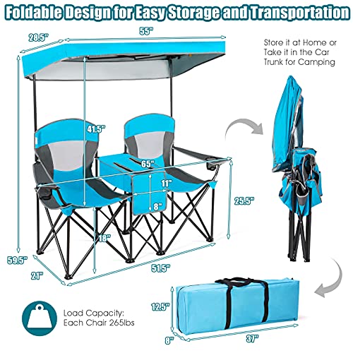 Safstar Double Camping Chair, Folding Camping Chair With Canopy Shade & Mini Table, Beverage Cup Holder Carrying Bag, Camp Canopy Chairs, 2-Person Loveseat Camping Chair For Adult Outdoors Sport, Blue #TOP2