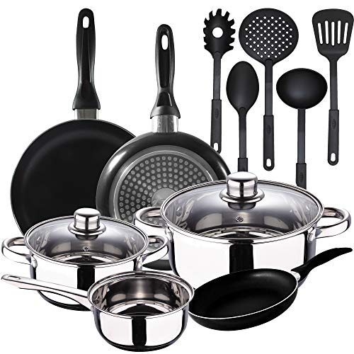 San Ignacio Batería 5 Piezas S.ignacio Cassel, 5 Utensilios De Cocina Y Set 3 Sartenes Ø16/Ø20/Ø24 Cms Negro, Aluminio Prensado, Antiadherente, Inducción