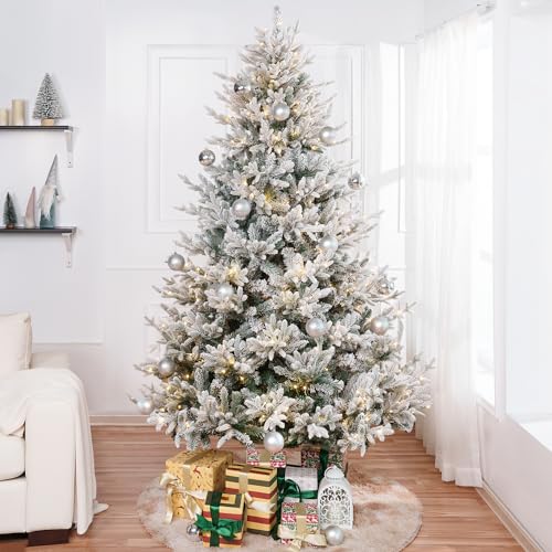 Naomi Home Ginebra 7.5ft Snow Flocked Christmas Tree Prelit with 3266 Branch Tips, 650 Warm Lights and Metal Stand, 59