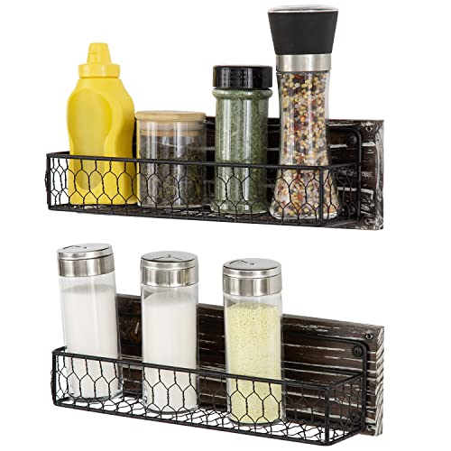 Mygift Rustic Chicken Wire Metal Wall Mounted Spice Rack, Seasoning Jars And Condiment Holder Display Organizer With Torched Wood Backing, Set Of 2 #TOP3
