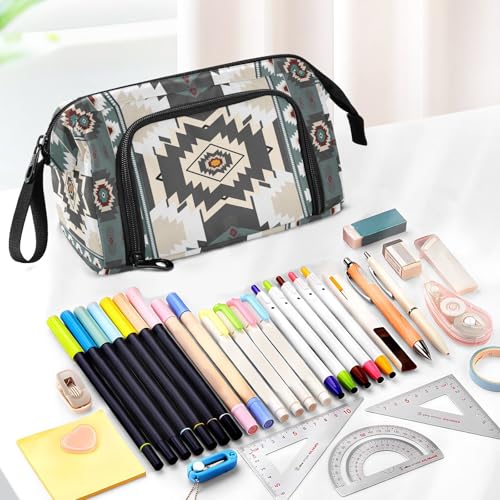 Image of Aztec Navajo Large Capacity Pencil Case Pen Bag Pencil Pouch, Kids Printed Pencil Case with Handle Canvas Zipper Pen Pouch for School Office College Ideal Start Graduation Gifts
