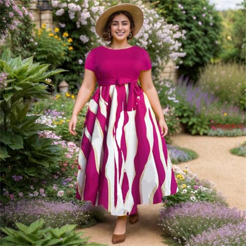 Image of Hostoyo Women Plus Size Formal A Line Maxi Dress Self Tie Waist with Pockets Elegant Round Neck Swing Long Dresses