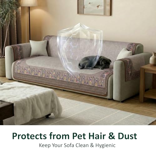 Image of Kuber Industries Net Cotton 3 Seater Long Seat Sofa Cover Set for Dust Protecter | Couch Cover for Living Room, Home | Rajasthani Border Malibu 1351 - Brown