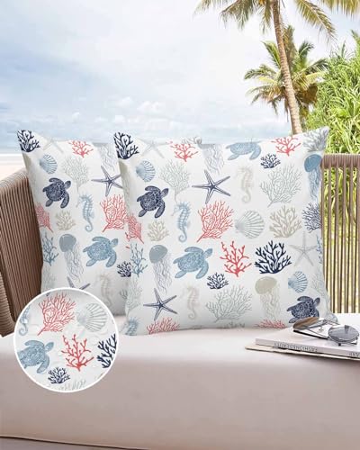 Boanket Outdoor Pillow Covers 16 x 16 in, Blue Red Coastal Waterproof Throw Pillow Cover Set of 2, Sea Turtle Nautical Coral Summer Beach Home Decorative Square Cushion Covers for Patio/Couch/Garden