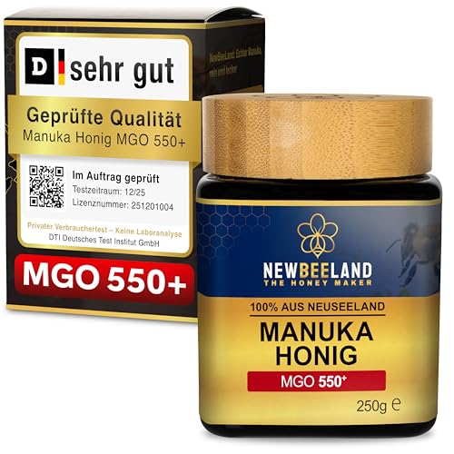 NEWBEELAND Manuka Honig MGO 550+ – 250g – lichtgeschütztes Glas, 100% purer Premium Manuka Honey aus Neuseeland, chargengeprüft mit zertifiziertem Methylglyoxal-Gehalt, ohne Zusatzstoffe