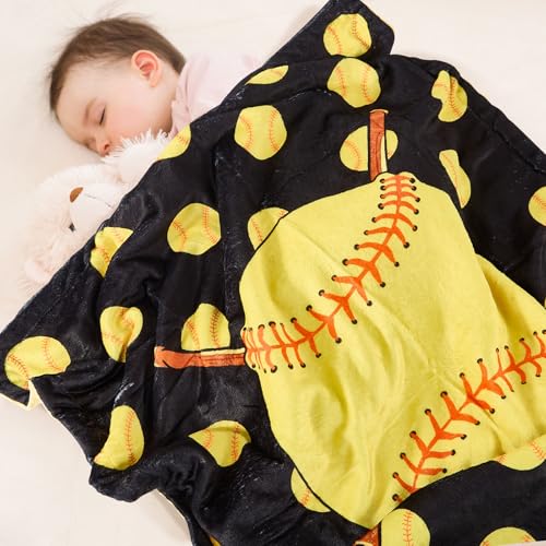Image of Softball Baby Blanket for Girls Boys Soft Fleece Minky Blanket with Dotted Backing Double Layer Newborn Toddler Blankie for Nursery Stroller Crib Gift Ideas to Son Nephew Grandson 26.5 * 40 Inches