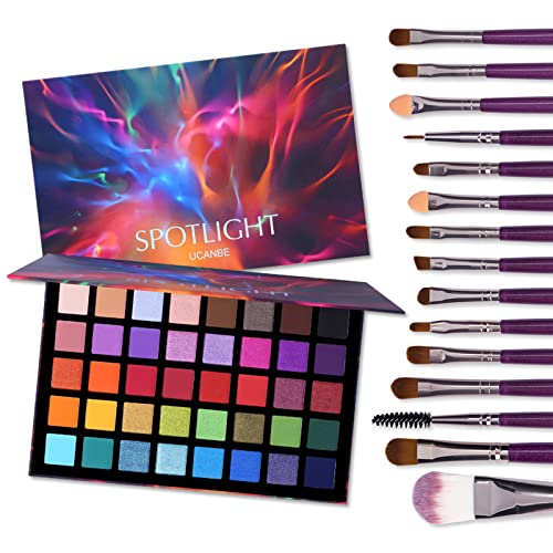UCANBE Spotlight Lidschatten Palette 40 Farben mit 15 Pinseln - Eyeshadow Palette Matt und Schimmernde - Make Up Palette Hohe Farbwiedergabe Für Urlaubs und Alltags Make Up