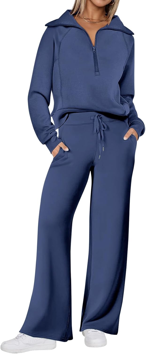 REORIA Joggingpak voor dames, brede geribbelde V-hals, tweedelig trainingspak, huispak, sportset, elegante outfit, loungeset, grijs/blauw, XXL