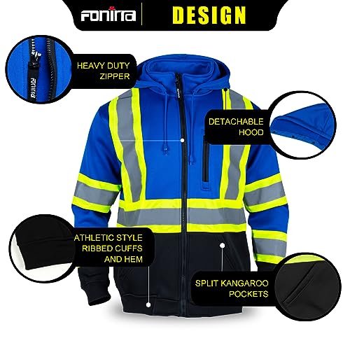 FONIRRA Hi Vis Safety Fleece Zip Hoodie for Men Reflective Sweatshirts ANSI Class 3 Jackets Detachable Hood (Blue,L) - Image 4