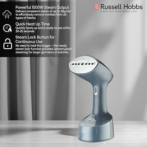 Image of Russell Hobbs 1500W Foldable Handheld Garment Steamer | Quick Heat-Up in 25s, 24g Constant Steam Output with Lock Button | Brush Attachment & 99.9% Bacteria Removal | RGS1500HANDYF (Grey)