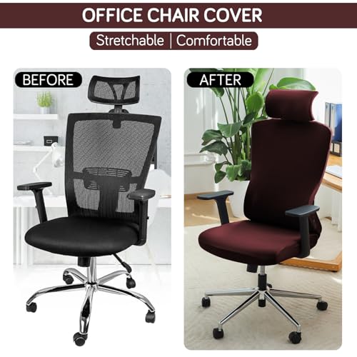 Image of HOKIPO 'SereneSolids' 140 GSM Office Chair Cover with Headrest (High-Back) - 140 GSM Stretch Fabric - Washable, Anti-Slip Fit for Ergonomic Mesh Office Chairs, Burgundy (AR-5369-BRGN)