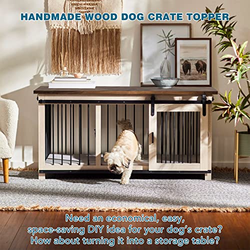 Solid Wood Dog Crate Topper, Premium Dog Crate Furniture, Crate Topper For Dog Cages, Indoor Dog Kennel, Chew-Proof, Decorative Dog Kennel Topper For Small/Large Dogs, Rustic Brown Dog Crate Table #TOP5