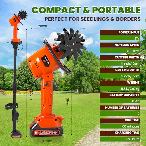 NEWTRY Cordless Electric Tiller Handheld & Extended Rod Dual Modes, 4\'\' Tilling Depth & Width, with 2x1500mAh Batteries for Small Scale Garden, Raised Beds - Thumbnail 6