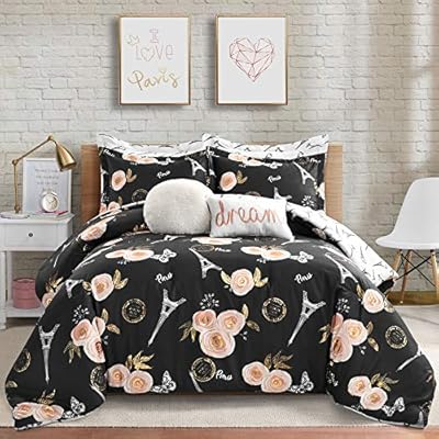 Lush Decor Black Vintage Paris Rose Butterfly 7-Piece Comforter Bed Set, Reversible Bedding (Full/Queen)