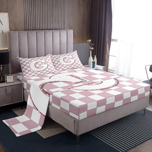 Image of Erosebridal Pink Initial G Bedding Set Full Kawaii Plaid Checkered Bed Sheets Cute Personalized Monogram Sheet Set Kids Girls Teen Women,Fashion Grids Gingham Fitted Top Sheets 4 Piece